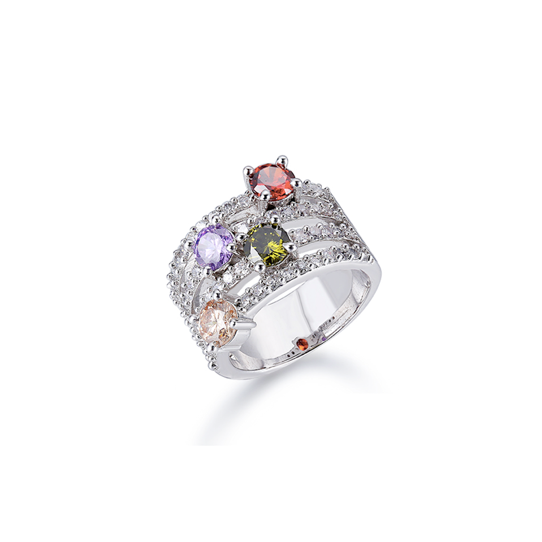 Anillo Perseidas de estilo clásico una base de circonitas blancas en talla diamante hacen que resalten las cuatro gemas preciosas en talla circular las gemas Zircon Champagne, Zircon Peridot, Zircon Violet, Zircon Garnet, hacen de este anillo el complemento perfecto.